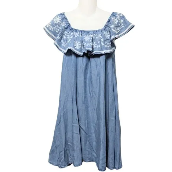 REBECCA MINKOFF Dev Off Shoulder Chambray Lyocell Embroidered Dress M - Picture 2 of 8